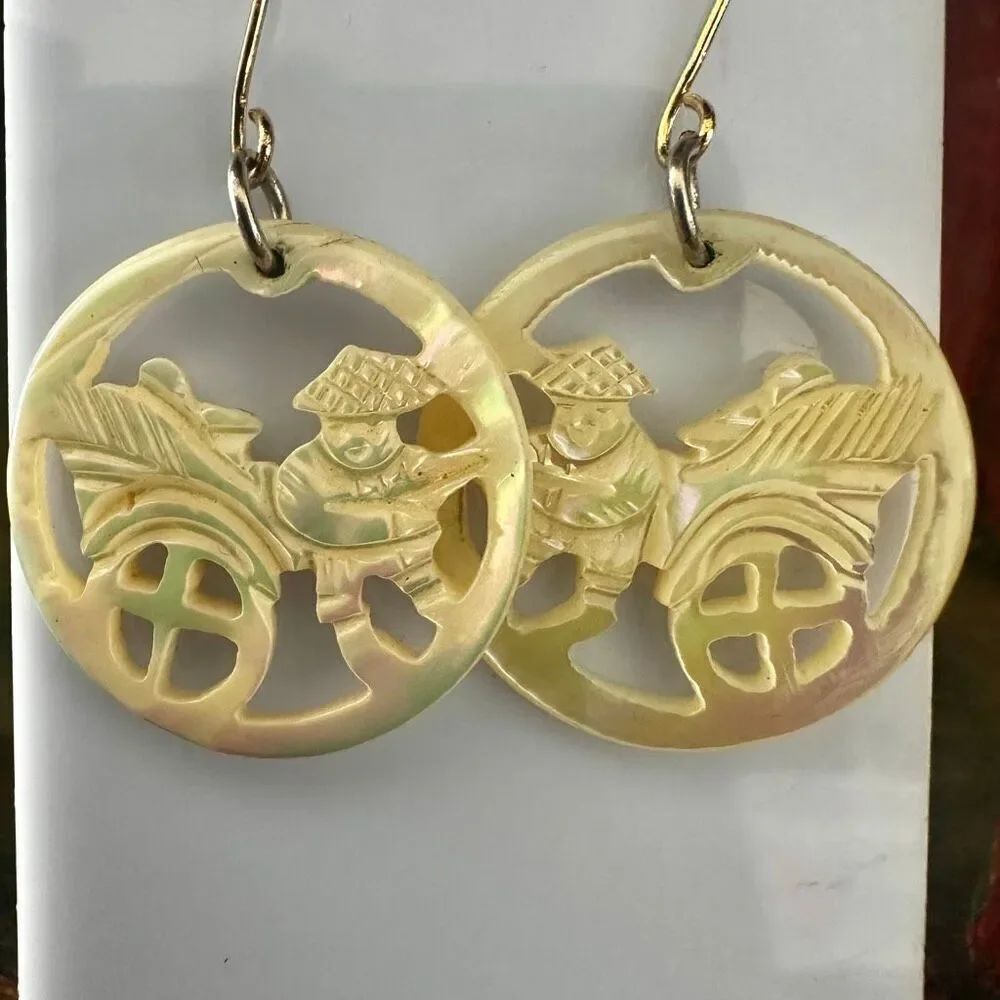 Hand-Carved Mother of Pearl Cart Scene Earrings